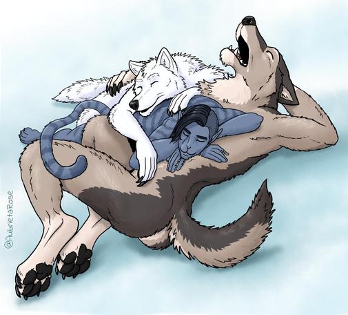 Nash, a large male brown werewolf, sleeping on his back with his mouth open, while Sid (an anthro cat male with grey striped fur) and Cinder (a smaller white werewolf) nap on top of him.