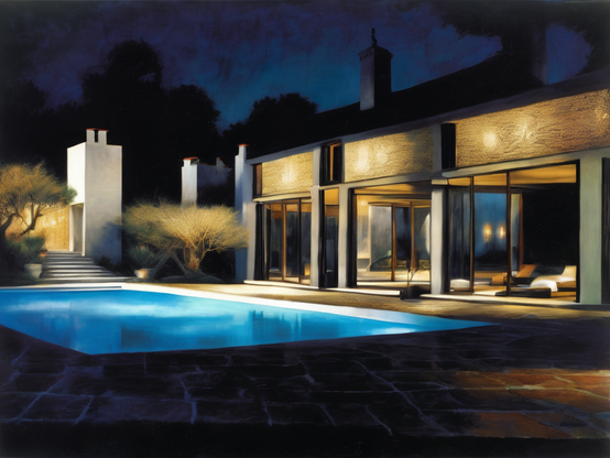A contemporary house at night, illuminated interior visible through large windows, beside a calm pool with desert plants and a clear night sky.