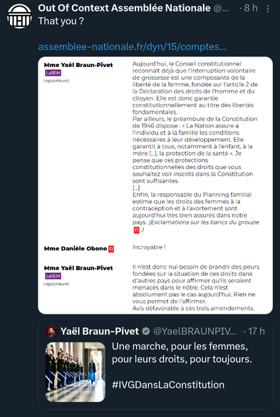 Capture d'écran de débats à l'Assemblée Nationale où Yaël Braun-Pivet, alors simple députée, disait que le droit à l'IVG n'était pas si menacé en France, et qu'il ne fallait pas l'inscrire dans la Constitution.