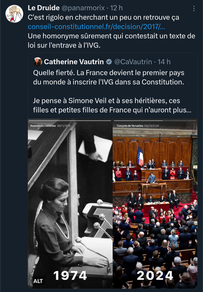 Tweet rappelant que Catherine Vautrin avait déféré au Conseil constitutionnel une proposition de loi visant à consacrer le délit d'entrave à l'IVG.