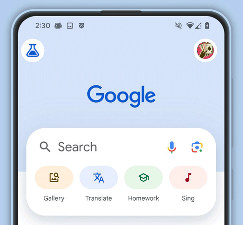 Google Search app testing colorful search buttons instead of that carousel to access translate, gallery, homework and sing