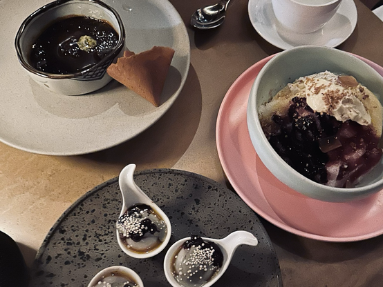 Sesame Crème Brûlée , Fruit Ice Shaving & Tong Yuen Spoons