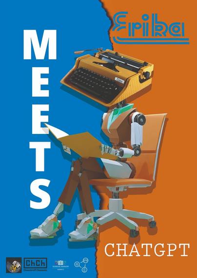 Bild zeigt Schriftzug Erika meets ChatGPT, einen sitzenden Roboter mit Schreibmaschine statt Kopf.