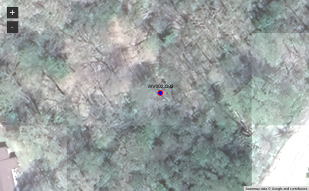A map with a satellite background where the saturation, contrast, and brightness have been adjusted so that the location marker and label stand out more clearly.