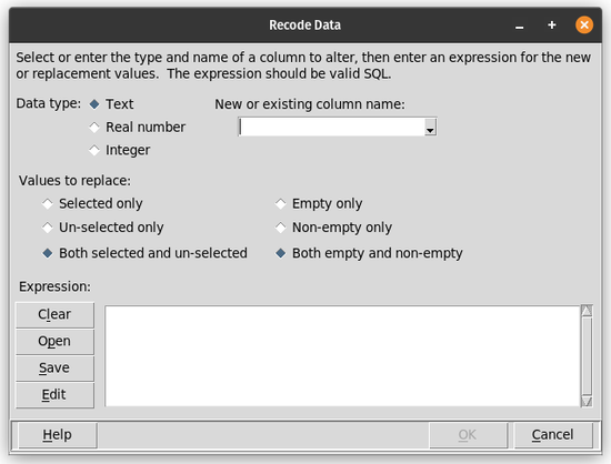 The dialog that mapdata.py presents to prompt for the column name and expression to use to recode data in the data table.  Options allow the change to be applied to only selected data, only un-selected data, only empty cells, or only non-empty cells.