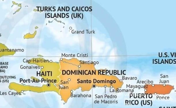 A map showing the island of Hispaniola with Haiti occupying the west side and the Dominican Republic on the east.