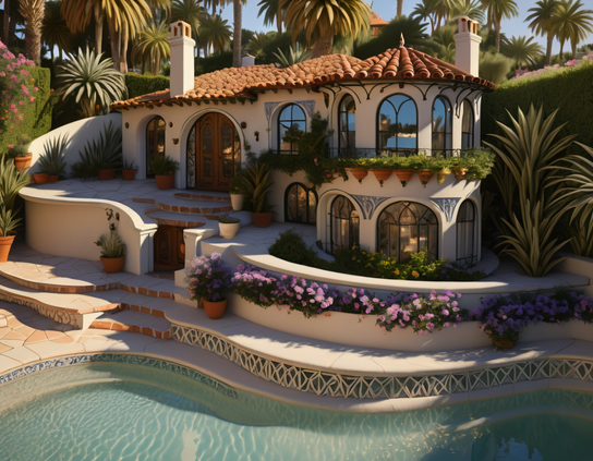 Mediterranean villa with terracotta roof, white walls, and curving turquoise pool, surrounded by greenery and flowers.