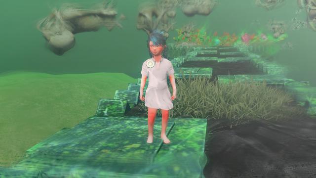 A young girl standing in a trippy ocean.