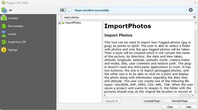 screen shot - QGIS plugin - ImportPhotos