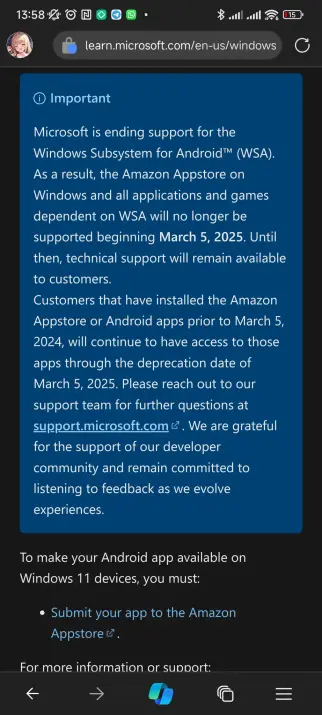 Discontinued notice for Windows Subsystem for Android