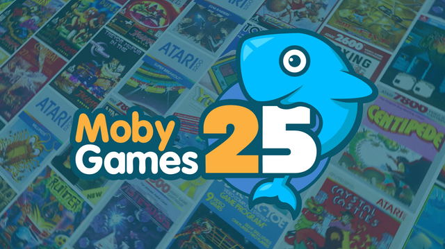 Promotional art.

A background of Atari 2600 cartridge box art is dimmed as a background to the text "Moby Games 25" with a blue Whale wrapped around the 5 in 25.