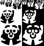 Mascot icon demonstration on white and black backgrounds. Sizes present on both sides: 16x16, 24x24, 32x32, 48x48, 72x72.