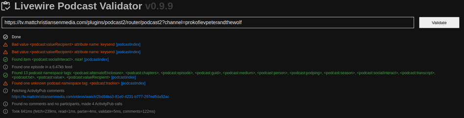 Validator output for podping, lightning, and podcast2 plugins