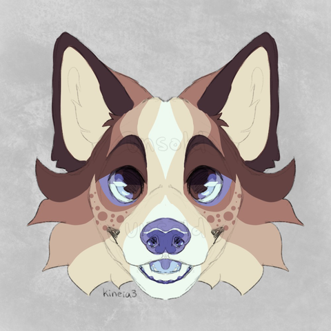 Symmetrical art of a brown and tan dog with purple eyes and nose