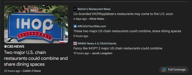 screen shot of news headlines about iHop/Applebee's merger