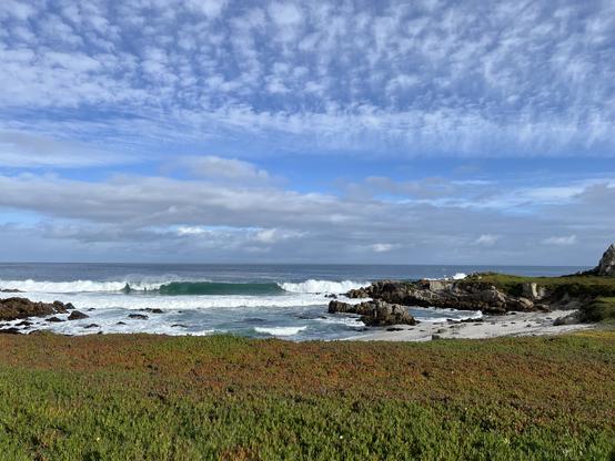 An early morning wave rolls towards the shore in Pacific Grove, California. The green of the land and the green of the waves compliment each other and the sun highlights the clouds as well as the coastal rocks and beach.