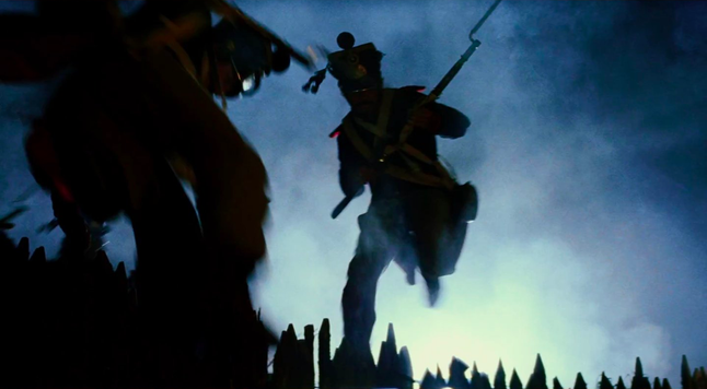 Shadows of men leaping over fences holding long guns.