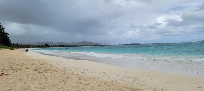 Long curving beach with palms and turquoise water
