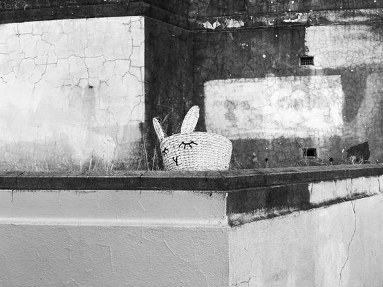 A basket with bunny ears and an eyes and nose sewn with thread sits on the corner of a concrete wall with another taller concrete wall behind it.