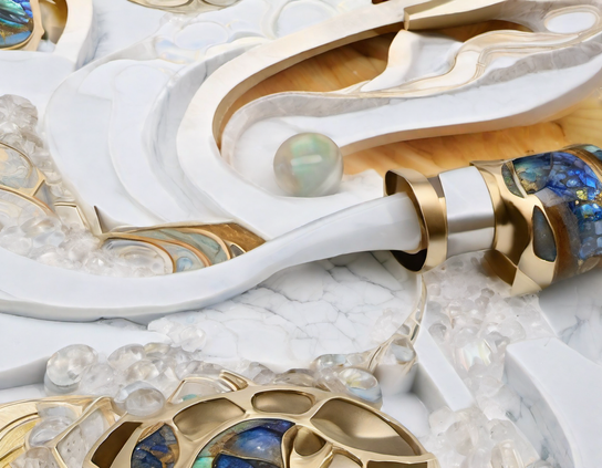 Luxurious abstract of mostly white and gold, with accents of iridescent spheres, lapis lazuli, and quartz crystals.