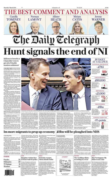 Front page of the Daily Telegraph with the headline: "Hunt signals the end of NI"