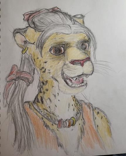 A cheerful leopard catfolk with bright orange clothing, long hair tied with bright red ribbons, and a colorful necklace