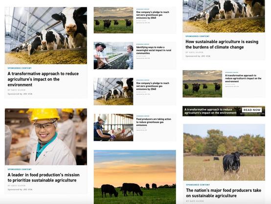 A collection of JBS ads and sponsored content published in Politico. Source: MediaRadar

This collage of headlines shows stock animal farm photos and some smiling clean farm workers. The headlines are all about "transformation" and "sustainability" and "leadership".
