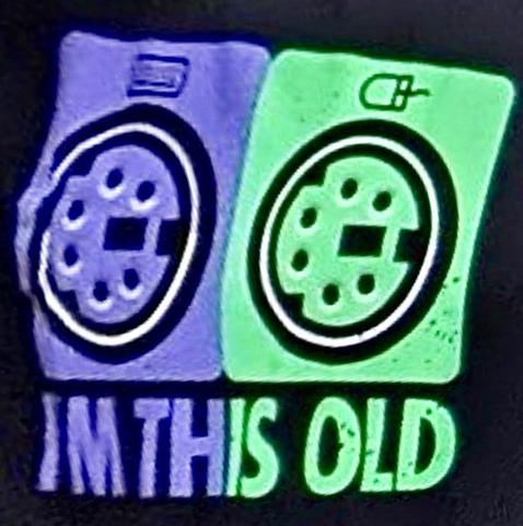 Graphic from retrocomputing shirt, depicting PS2 style keyboard and mouse connectors, in their conventional purple and green colors. Text says, “IM THIS OLD”