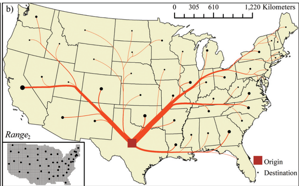 Figure 16b, an example of a generated flow map of the continental US, showing flows using a orange line from Texas to other states