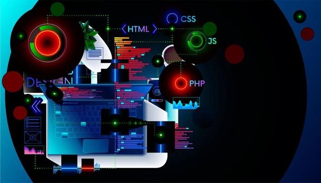 Illustration of laptop and web programming languages