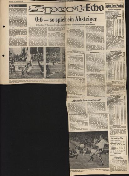 Zeitungsauschnitte vom 23.02.1976 aus dem Darmstädter Echo.
Artikel zum Fußballspiel der Stuttgarter Kickers gegen Darmstadt 98.
Endergebnis 6:0.