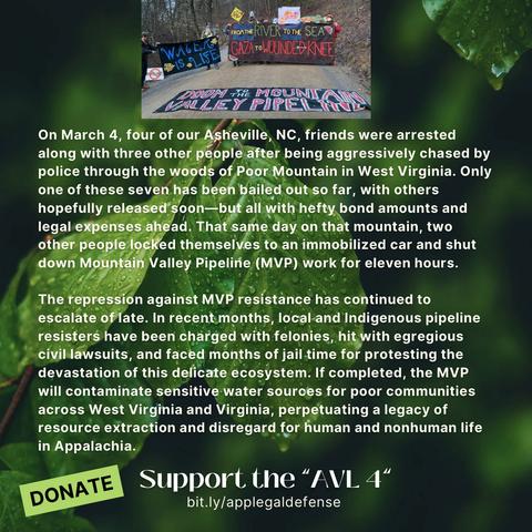 More support the "avl 4" text available in post over a leafy background and a photo of people blocking a rural road with banners against the mvp