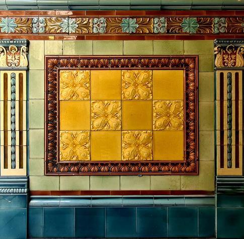 Decorative ceramic tiling at the entrance to a Glasgow bar and restaurant.