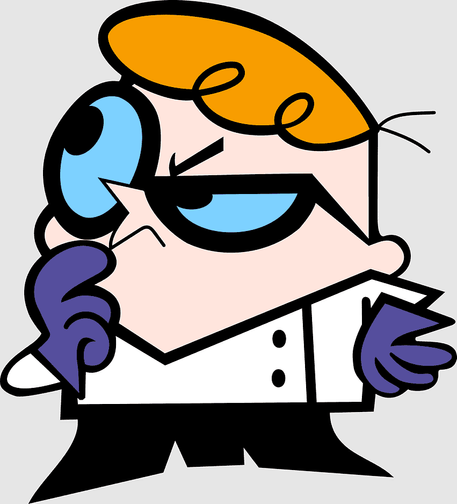 Young boy, orange hair with small curls in it, blue tinted eyeglasses and a bit of a scowl on his eyebrow, wearing purple gloves and a white lab coat, and black pants with black pointed shoes.