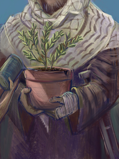 olive sapling in a pot held by bandaged hands, being watered by a pitcher held by a child just out of sight.