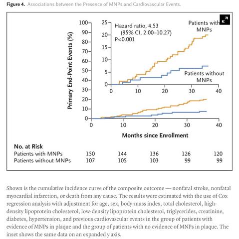 Shown is the cumulative incidence curve of the composite outcome — nonfatal stroke, nonfatal myocardial infarction, or death from any cause. The results were estimated with the use of Cox regression analysis with adjustment for age, sex, body-mass index, total cholesterol, high-density lipoprotein cholesterol, low-density lipoprotein cholesterol, triglycerides, creatinine, diabetes, hypertension, and previous cardiovascular events in the group of patients with evidence of MNPs in plaque and the group of patients with no evidence of MNPs in plaque. The inset shows the same data on an expanded y axis.