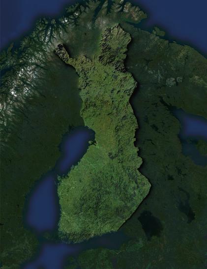 The map that shows a satellite image of the distinct, elongated shape of the Finnish landmass, surrounded by dark blue water bodies. The geography is characterized by dense green forests and intricate coastlines, highlighting Finland's natural landscape from an aerial perspective.