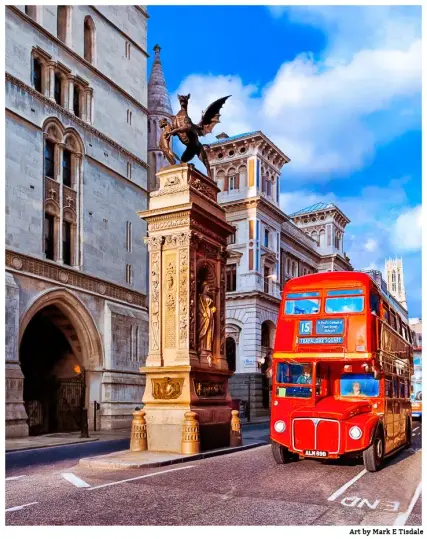 Color vertical image of a classic route master double decker bus next to the monument by Temple Bar in London. Cloud streaked blue skies overhead.