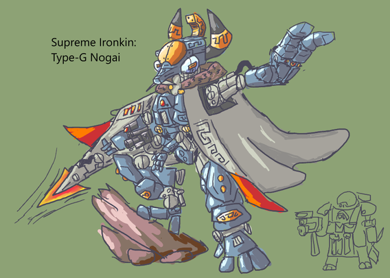 big votann robot with a totally cool cape and bladed shield. Label: Supreme Ironkin: Type-G Nogai