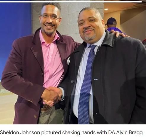 Murder suspect Sheldon Johnson pictured shaking hands with DA Alvin Bragg