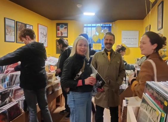 Thorne Records owner Mark with friends in the record store as it celebrated its second birthday