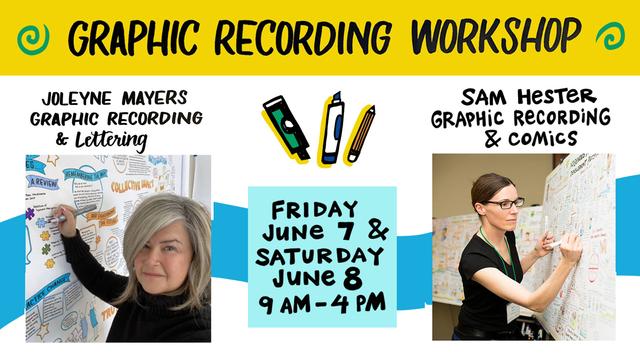 A colourful poster reads "Graphic Recording Workshop" and features photographs of Joleyne Mayers-Jaekel and Sam Hester at work.