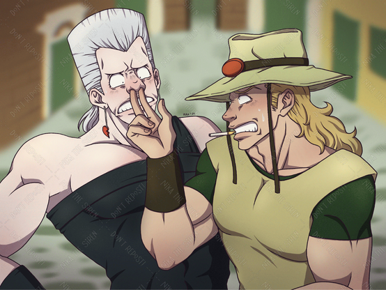 Illustration of Jean Pierre Polnareff and Hol Horse from Jojo's Bizarre Adventure part 3: Stardust Crusaders. It's a redraw of a scene from the anime, where Hol Horse inserts his fingers up Polnareff's nose.