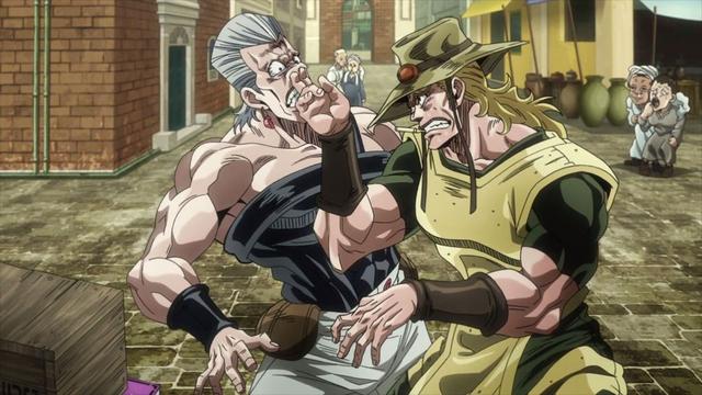 Screenshot from the anime of Jojo's Bizarre Adventure part 3: Stardust Crusaders. It depicts the same scene I've redrawn.