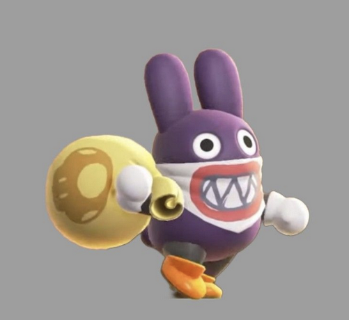 A screengrab from Super mario wonder, in which a blue rabbit-like creature holds a bag older its shoulder