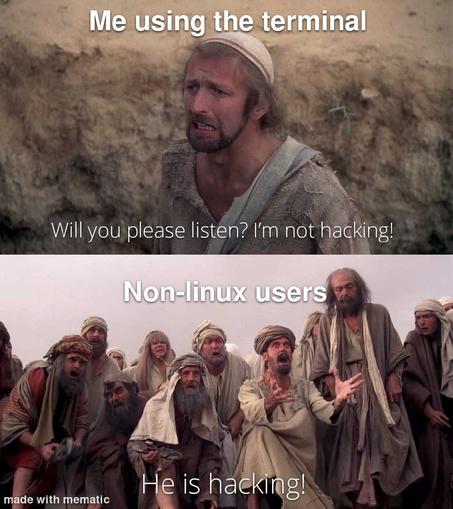 Me using the terminal: “Will you please listen? I’m not hacking!”

Non-linux Users: “He is hacking!”

Via: @geoma
Credits: Monty Python: Life of Brian