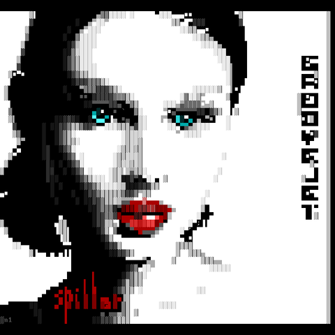 Palette-constrained portrait of a pale young woman with light skin, lit harshly against a white background, punctuated by her dark hair, cyan eyes and rich red lips.