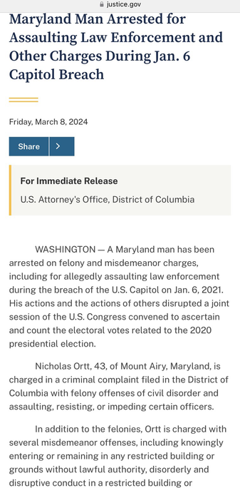 Press release from the United States Department of Justice regarding January 6th riot suspect Nicholas Juston Ortt (Mount Airy, Maryland).