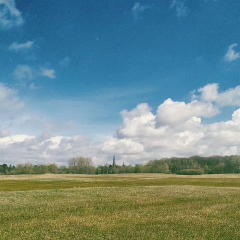 Groen weide met kerktoren in de achtergrond onder een blauwe hemel met witte wolken.