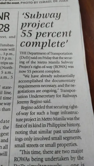 One of The Manila Times headlines pictured: 'Subway project 55 percent complete`

But article is talking about right-of-way (ROWA), not overall progress.